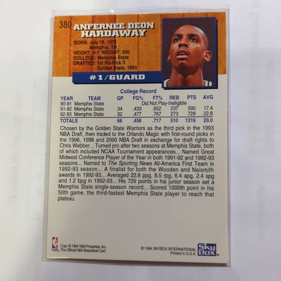 1993-94 NBA Hoops Anfernee Penny Hardaway Rookie RC #380 Orlando Magic - Picture 3 of 4